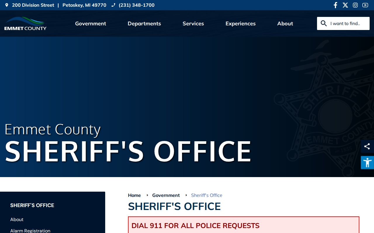 Emmet County Sheriff's Office official web page with corrections and records navigation