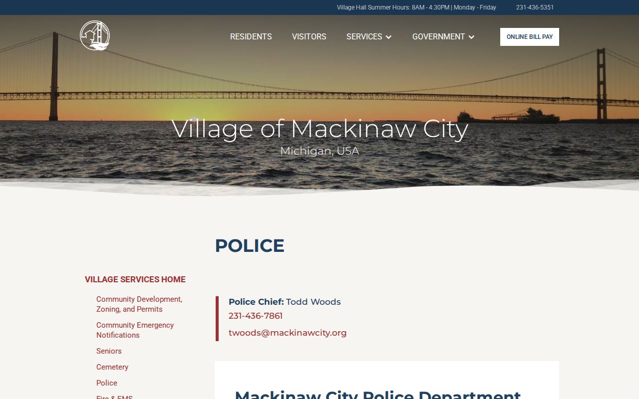 Official Mackinaw City Police webpage with contact and monthly report information