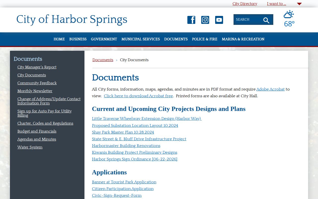 Harbor Springs city documents webpage showing public records resources
