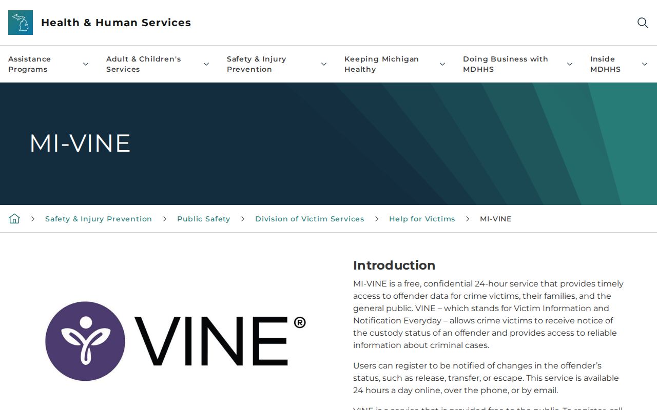 Official Michigan MI-VINE custody notification webpage