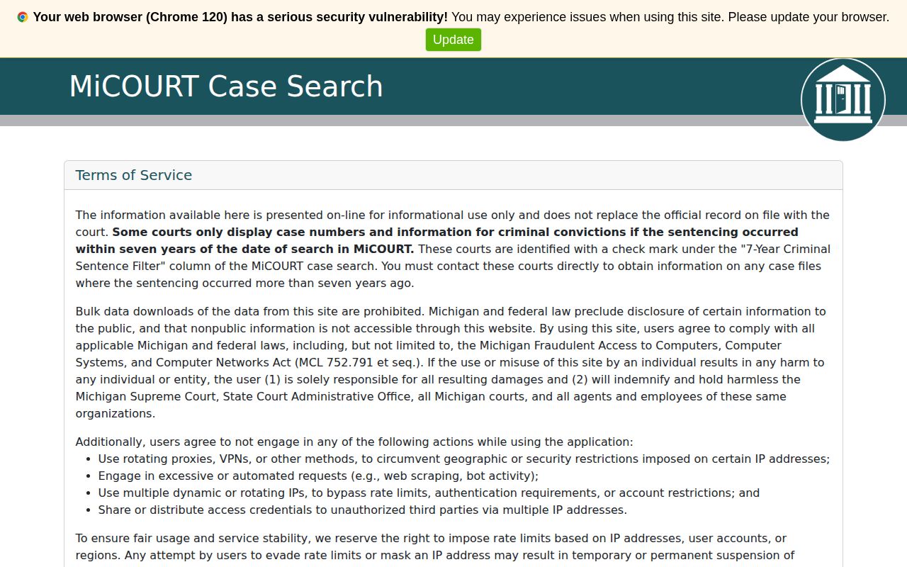 Michigan MiCOURT official case search page
