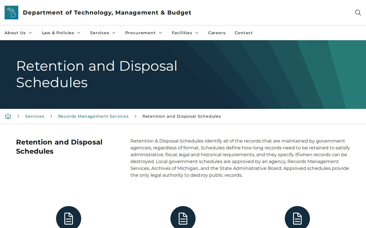 Michigan records management schedules webpage for retention research