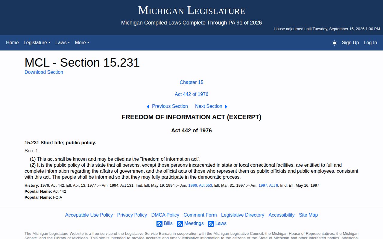 Michigan Legislature webpage for Freedom of Information Act MCL 15.231