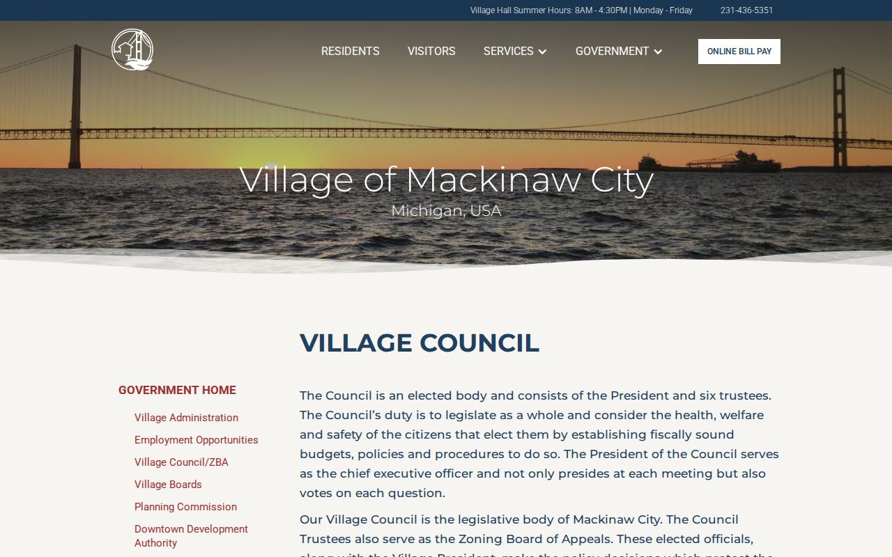 Official Mackinaw City village government contact webpage